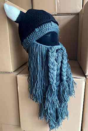 Зимова шапка вікінга RESTEQ - тепла шапка з рогами і довгою бородою, костюмна в'язана маска для свят, косплея і зимових прогулянок Київ