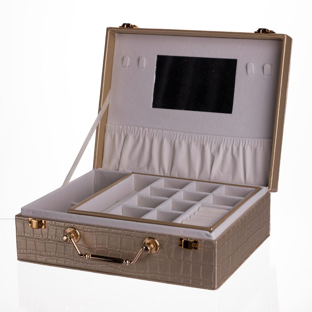 Скринька для прикрас з еко шкіри 19 відділень з дзеркалом 23.5×14×8 см Золотистий HP-5-20GOLD Київ - фото 2