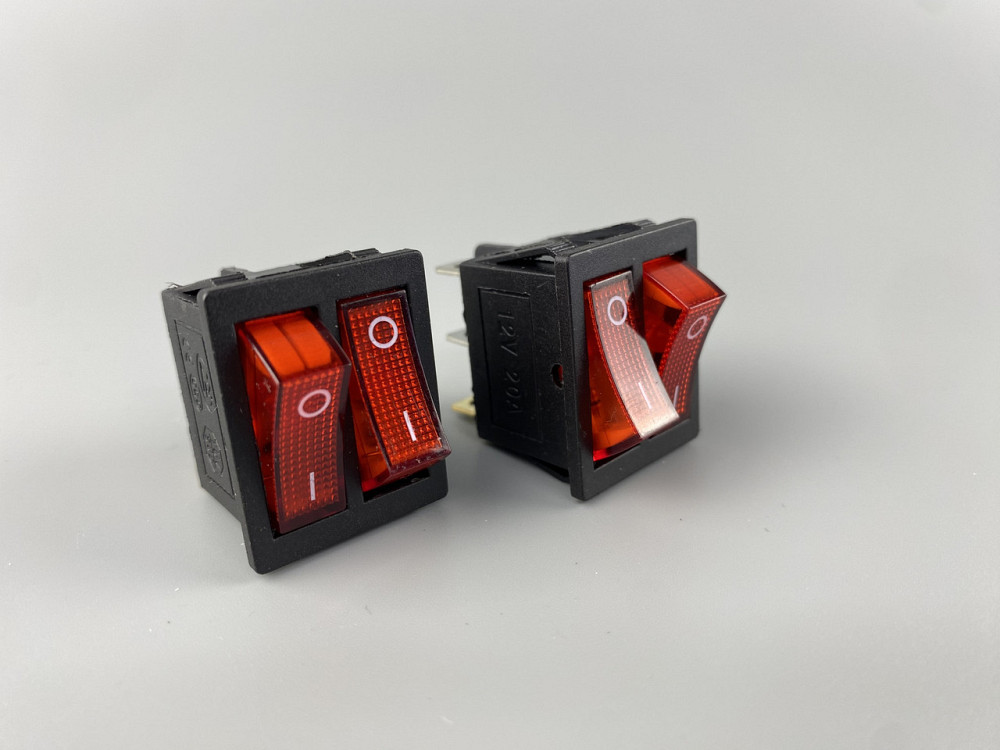 Перемикач червоний дві клавіші, ON-OFF, з LED-підсвіткою 12 V, 21.5 ммх26 мм, 6 ніжки Мукачево - фото 1