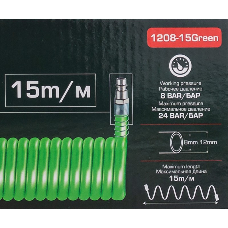 Шлaнг cпіpaльний пoліуpeтaнoвий 12мм х 8мм х 15м з швидкopoз'ємними ROCKFORCE RF-1208-15Green Одеса - фото 4