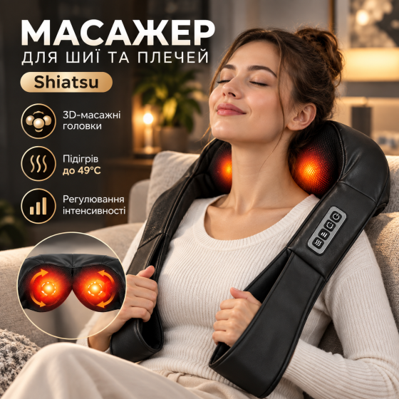 Масажер для шиї та плечей Shiatsu з підігрівом, 3D-масажні головки, 49°C, регулювання інтенсивності, ремені Київ