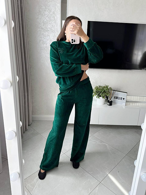 Женский прогулочный костюм двойка из хлопкового велюра Изумрудный, 46 Одесса - изображение 3