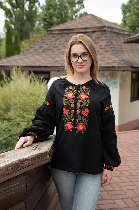 Вышиванка женская с длинным рукавом  льняная, черная  топ Киев - изображение 2