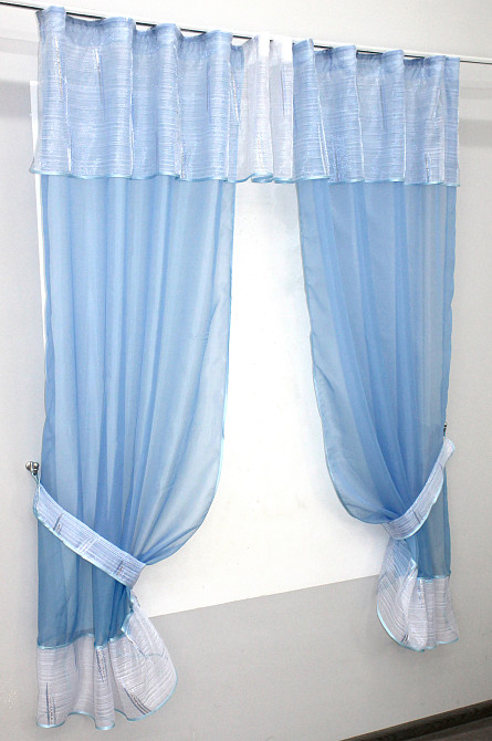 Кухонный комплект (270х170см) шторки с ламбрекеном и подхватами цвет голубой с белым 00к 59-606 Киев - изображение 2