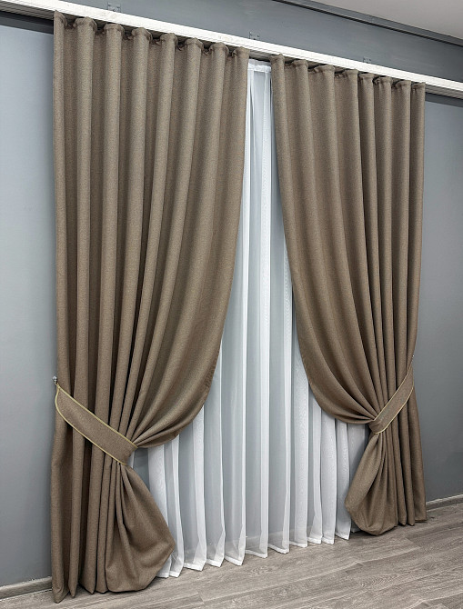 Комплект готових штор VR-Textil Льон-блекаут Льон Мішковина № 825ш Темний беж 145х250см 2 шт (39-945) Київ - фото 3