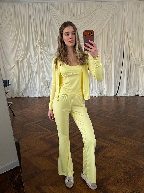 Жіночий повсякденний костюм-трійка: кофта топ і штани з мікродайвінгу Лимонний, 48/50 Одеса - фото 10