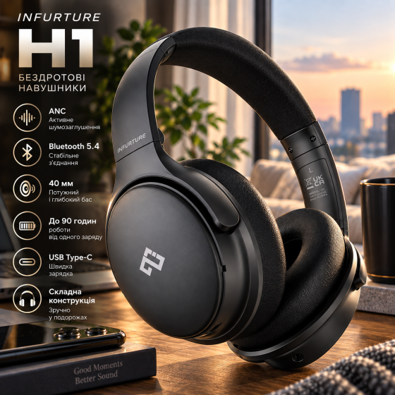 Навушники INFURTURE H1 Bluetooth 5.4 з ANC, 40 мм, глибокий бас, до 90 годин роботи, USB Type-C, складні, чорні Київ