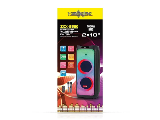 Портативна акустична колонка ZXX-5590 100Вт, 2×10" динаміка, TWS/FM/USB/TF/BT/LED, 2 мікрофони, пуль Київ