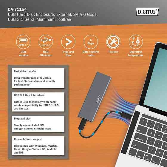 Корпус для M.2 SSD Digitus DA-71154 серый USB 3.1 Gen2 Type-C 6Gbps SATA B-Key 2230/2242/2260/2280 tool-free Киев