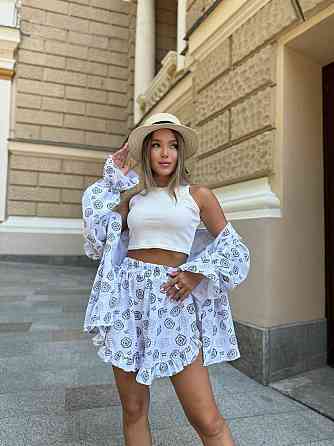 Жіночий принтований костюм-двійка: сорочка та шорти з натурального мусліну Білий, 48/50 Одеса