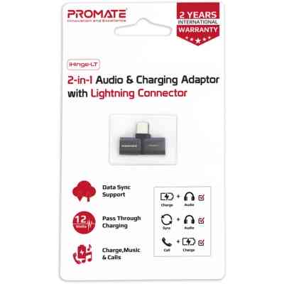 Переходник Lightning M to 2xLightning F Audiо + Charge Promate (ihinge-lt.black) Винница
