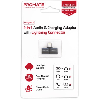 Переходник Lightning M to 2xLightning F Audiо + Charge Promate (ihinge-lt.black) Винница - изображение 6