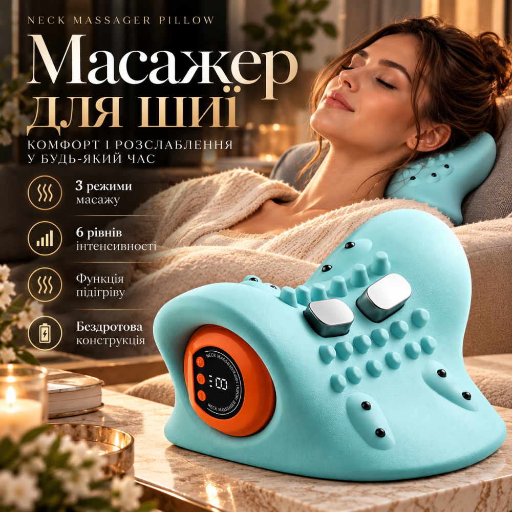 Масажер для шиї Neck Massager Pillow: бездротова масажна подушка з підігрівом, 3 режими, 6 рівнів інтенсивності Київ - фото 9