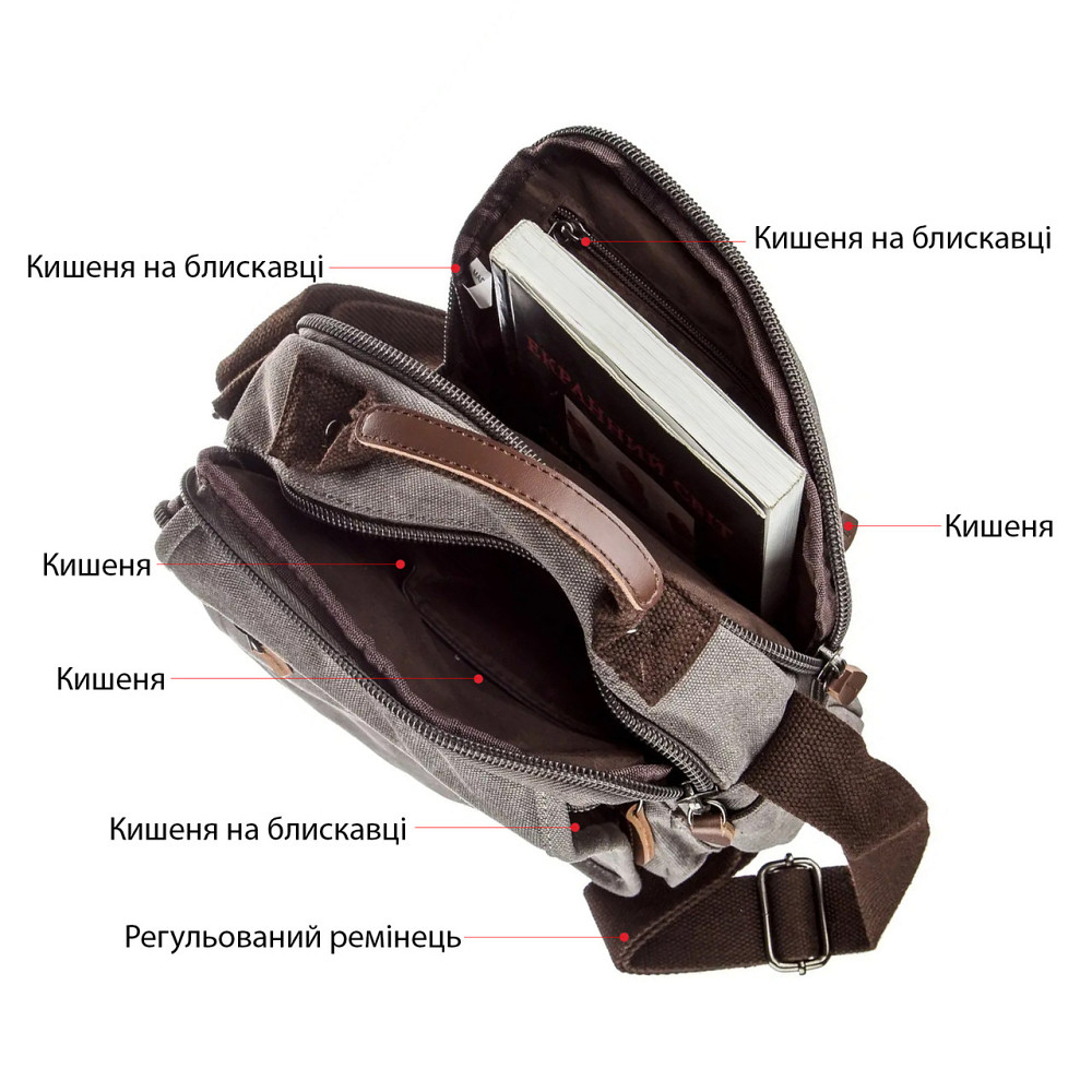 Универсальная текстильная мужская сумка на два отделения Vintage 20198 Серая Киев - изображение 4