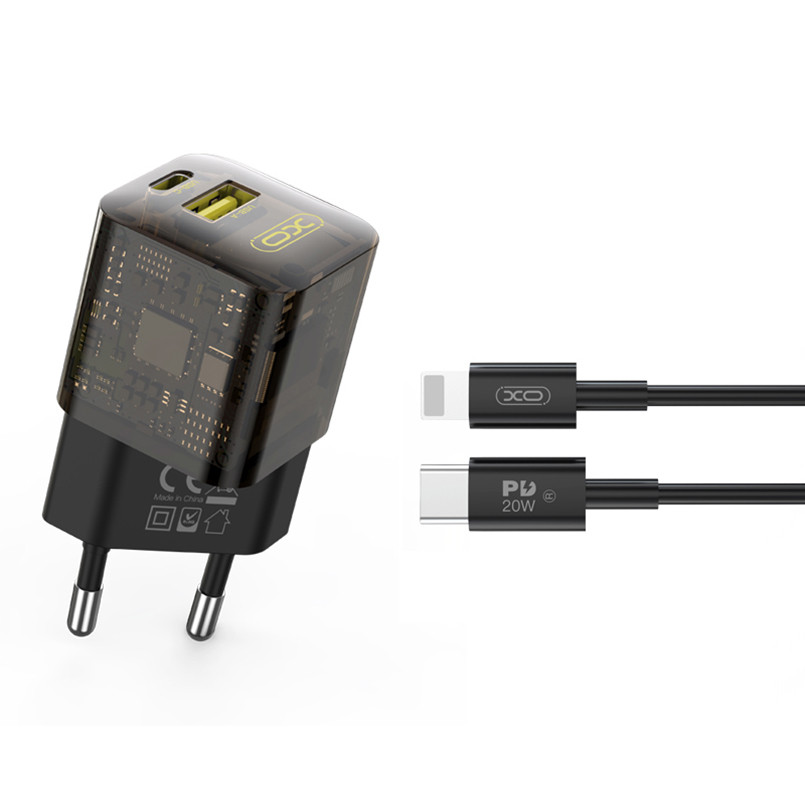 Мережевий зарядний пристрій XO CE05 Gan PD30W+QC3.0 18W+ Lighting кабель коричневий Львів - фото 1