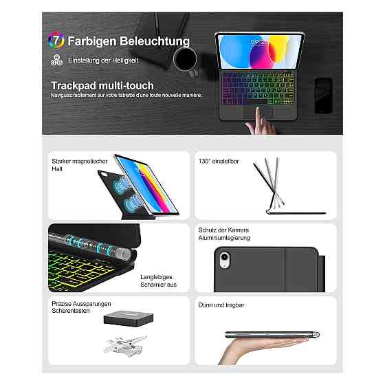 Клавіатура чохол-клавіатура для iPad 10 10.9 і A16 11 Bluetooth трекпад підсвітка RGB магнітна підставка QWERTZ чорна Київ