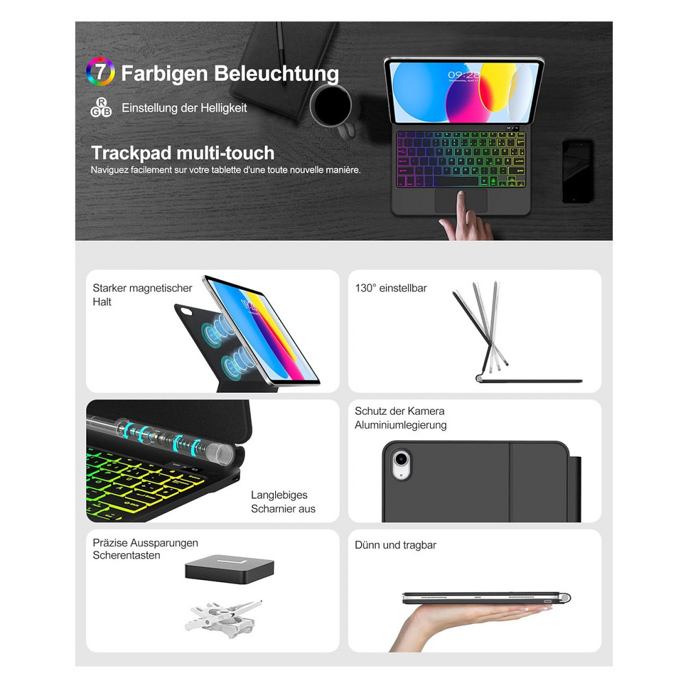 Клавіатура чохол-клавіатура для iPad 10 10.9 і A16 11 Bluetooth трекпад підсвітка RGB магнітна підставка QWERTZ чорна Київ - фото 4
