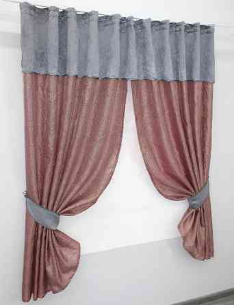 Кухонные шторы VR-Textil № 073к с ламбрекеном и подхватами розово-золотистый с серым 275х170 см (52-0364) Киев