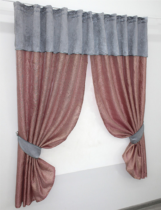 Кухонные шторы VR-Textil № 073к с ламбрекеном и подхватами розово-золотистый с серым 275х170 см (52-0364) Киев - изображение 2