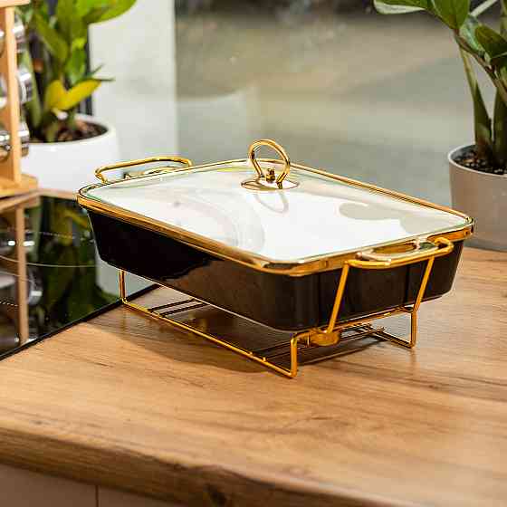 Фарфоровий мармит з кришкою на металевій підставці 2 л чорний Київ