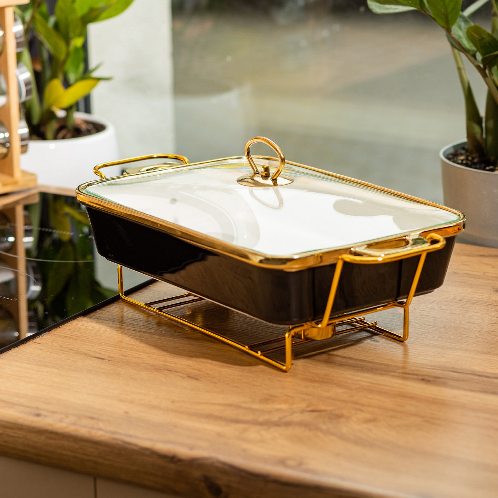 Фарфоровий мармит з кришкою на металевій підставці 2 л чорний Київ - фото 5