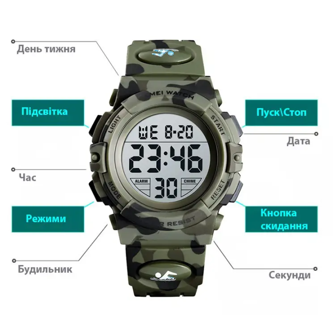 Детские спортивные наручные часы Skmei Kids 1548 (Зеленый камуфляж) Винница - изображение 6