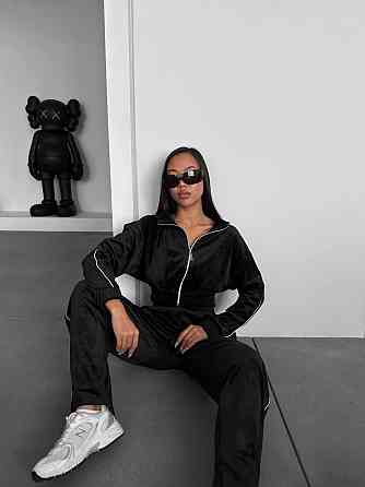 Жіночий прогулянковий костюм-двійка: зіп кофта та штани з мармурового велюру Чорний, 42/44 Одеса