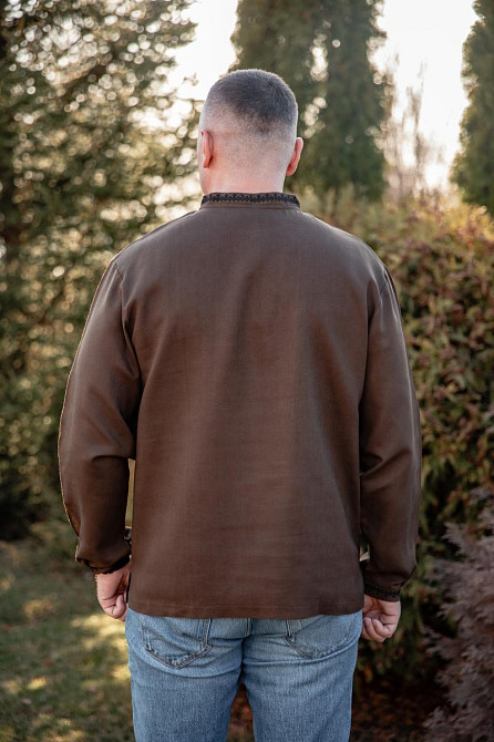 Чоловіча вишиванка українська лляна хакі з довгим рукавом патріотична , чоловічі вишиванки Київ - фото 4