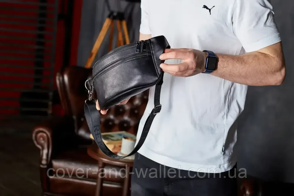 Черная мужская сумка-бананка из натуральной кожи гладкого типа Puos Киев - изображение 7