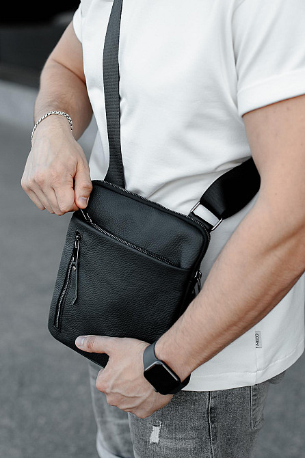 Сумка-мессенджер із натуральної шкіри, сумка через плече чоловіча SKILL Karter (Чорна) Суми - фото 3