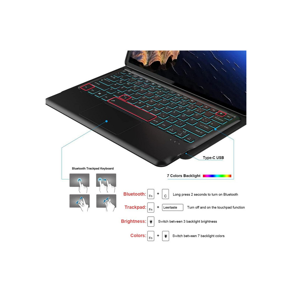 Чохол з клавіатурою Wineecy TB370FU для Lenovo Tab P12 12.7 2023 Bluetooth QWERTZ підсвітка 7 кольорів тачпад PU шкіра Київ - фото 7