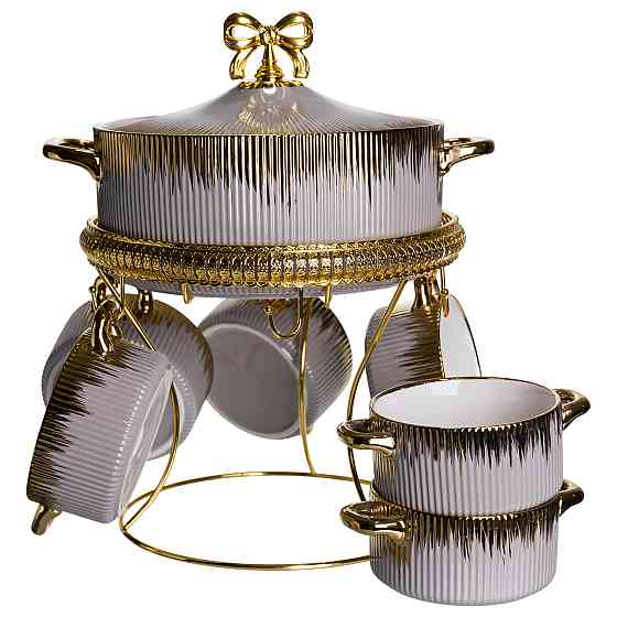 Суповий сервіз на 6 персон супниця 2 (л) на підставці з бульйонницями 400 (мл) тарілки для супу Сірий з золотом FM-A23-6 Коломия