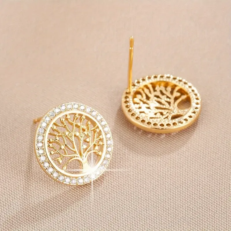 Серьги Древо Жизни с цирконием – элегантные гвоздики в золотистом цвете Киев - изображение 4