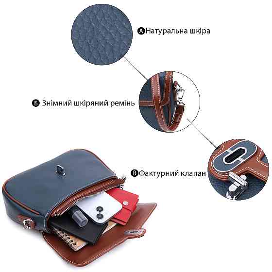 Сумка жіноча з фактурним клапаном із натуральної шкіри Vintage 22622 Синя Київ