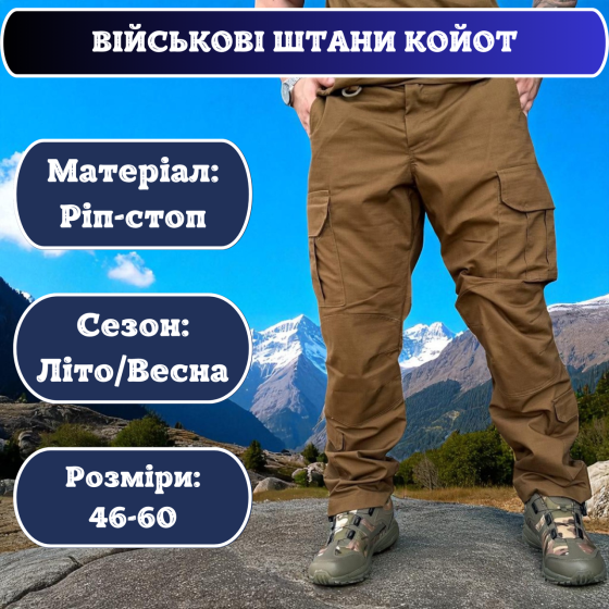 Тактичні штани койот ріп-стоп літні чоловічі, бойові армійські штани для штурму, служби та міста Львів