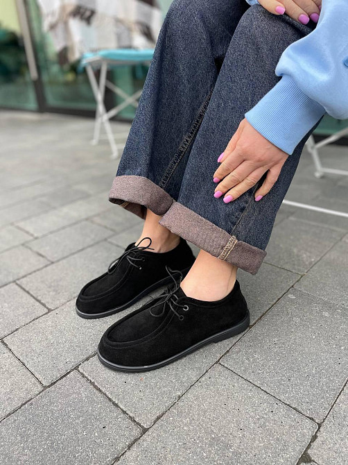 Arcoboletto Топсайдери жіночі на низькому ходу з натуральної замші на шнурівці чорні демісезонн Коломия - фото 1
