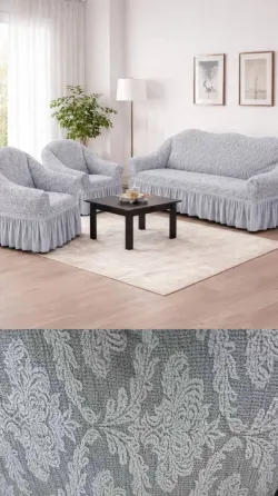 Жаккардовый турецкий чехол на диван и два кресла, универсальный натяжной чехол, накидка на диван Серый Коломыя