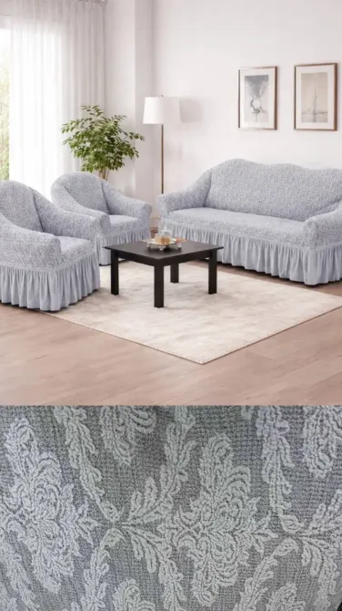 Жаккардовый турецкий чехол на диван и два кресла, универсальный натяжной чехол, накидка на диван Серый Коломыя - изображение 2