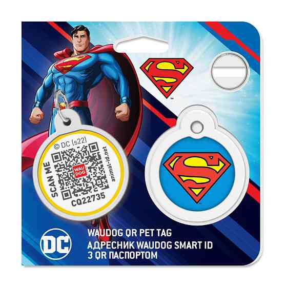 Адресник для собак і котів металевий WAUDOG Smart ID з QR-паспортом, малюнок "Супермен-герой", круг, Д 30 Вінниця