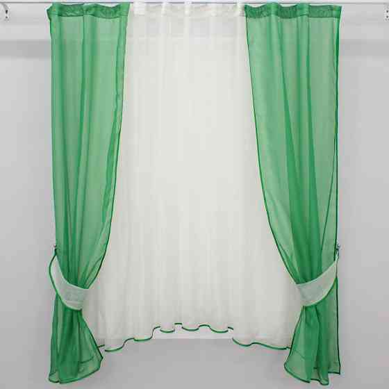 Кухонний комплект VR-Textil № 051к тюль і шторки з підв'язками зелений з молочним 270х170 см (50-778) Київ