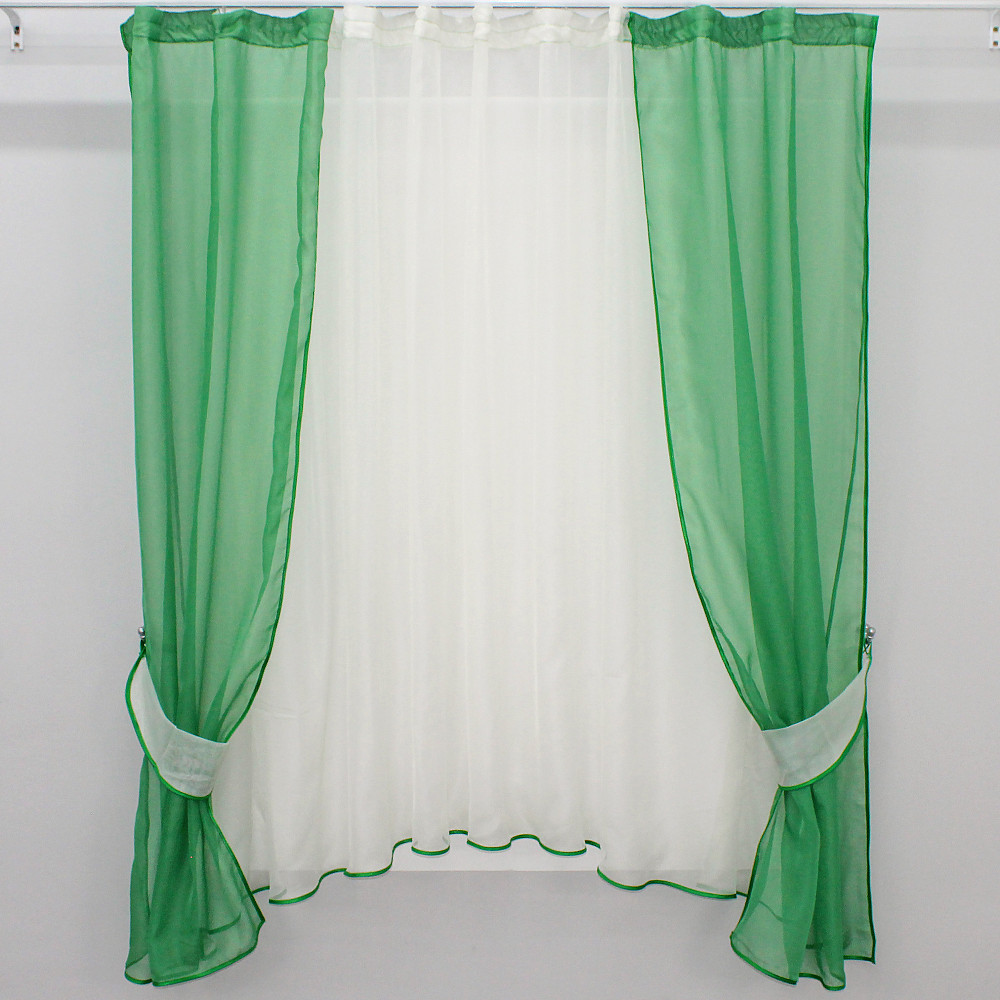 Кухонний комплект VR-Textil № 051к тюль і шторки з підв'язками зелений з молочним 270х170 см (50-778) Київ - фото 1