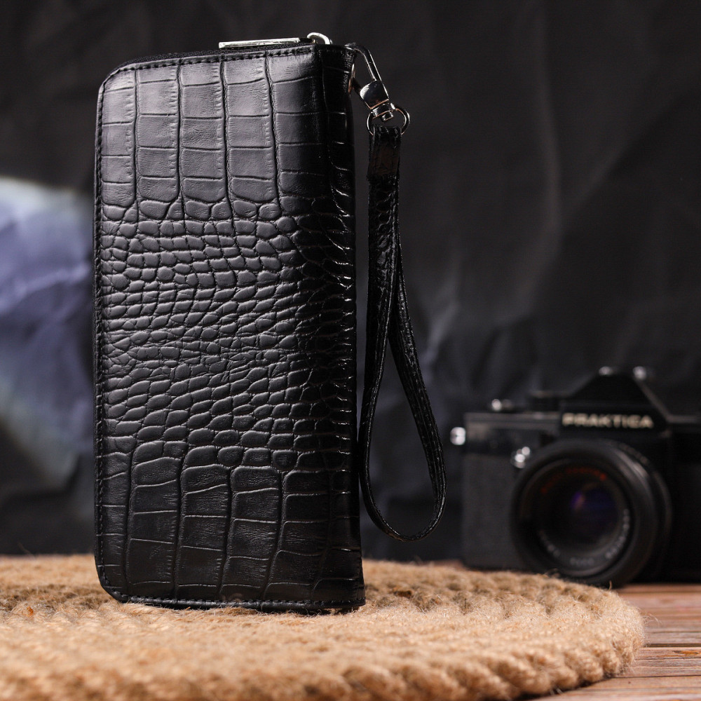 Горизонтальный кошелек для женщин из натуральной фактурной кожи под крокодила CANPELLINI 21623 Черный Киев - изображение 7