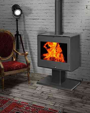 Піч-камін на дровах Hosseven 5070 P 10 кВт на витонченій ніжці-підставці сталева буржуйка з шамотом та склом верхній димохід Київ