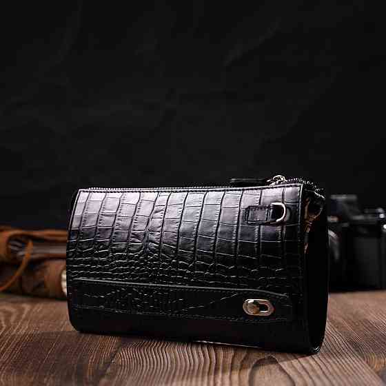 Місткий чоловічий клатч із натуральної шкіри з тисненням під крокодила Чорний (BOND) Київ
