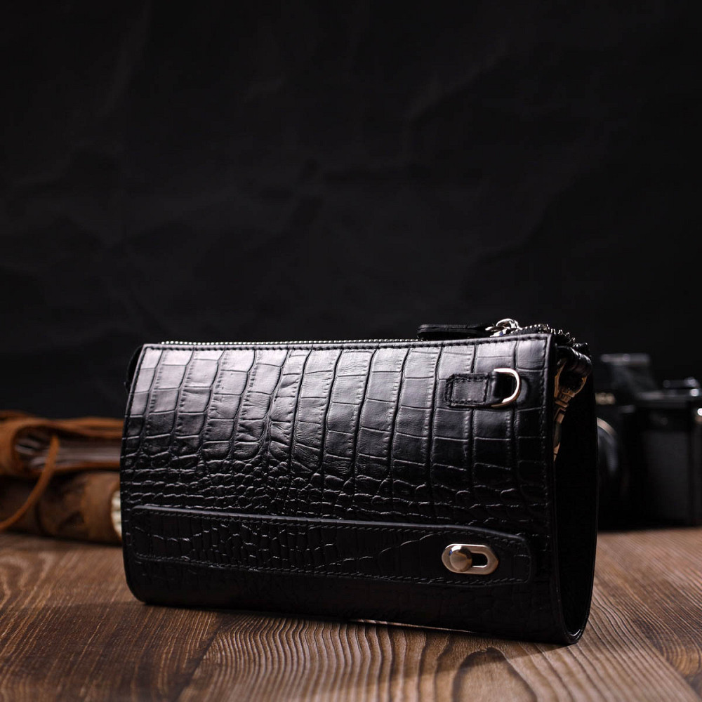 Вместительный мужской клатч из натуральной кожи с тиснением под крокодила Черный (BOND) Киев - изображение 3