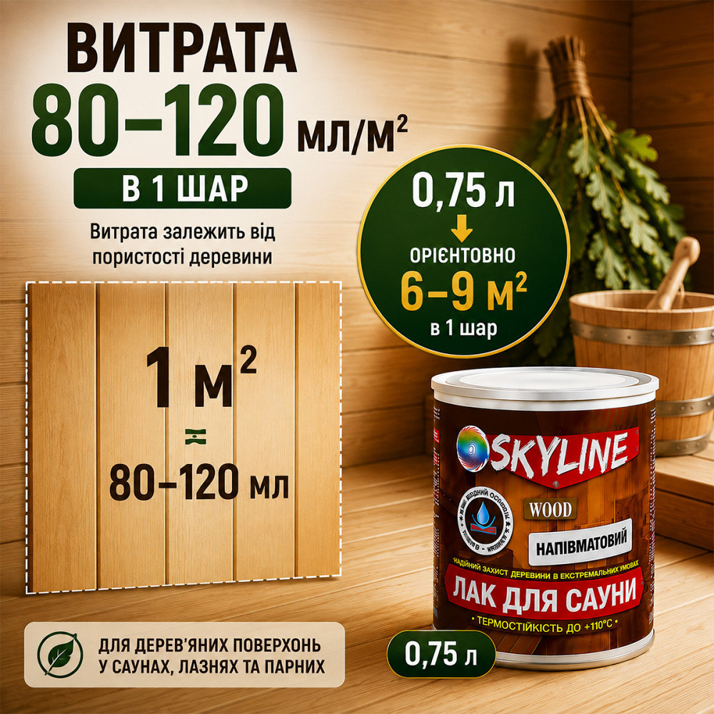 Лак для сауны SkyLine WOOD 0.75 л — акриловый полуматовый лак для дерева, прозрачный, без запаха, термостойкий до +110°C Харьков - изображение 8