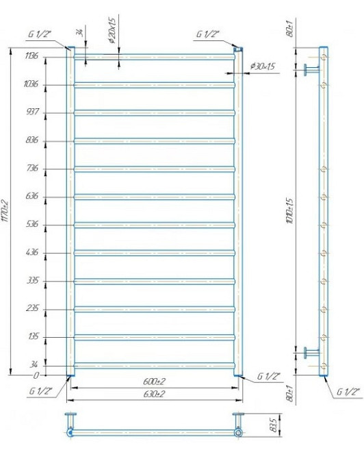 Водяна рушникосушарка Mario INOX Флет 1170х630/600 Київ - фото 5