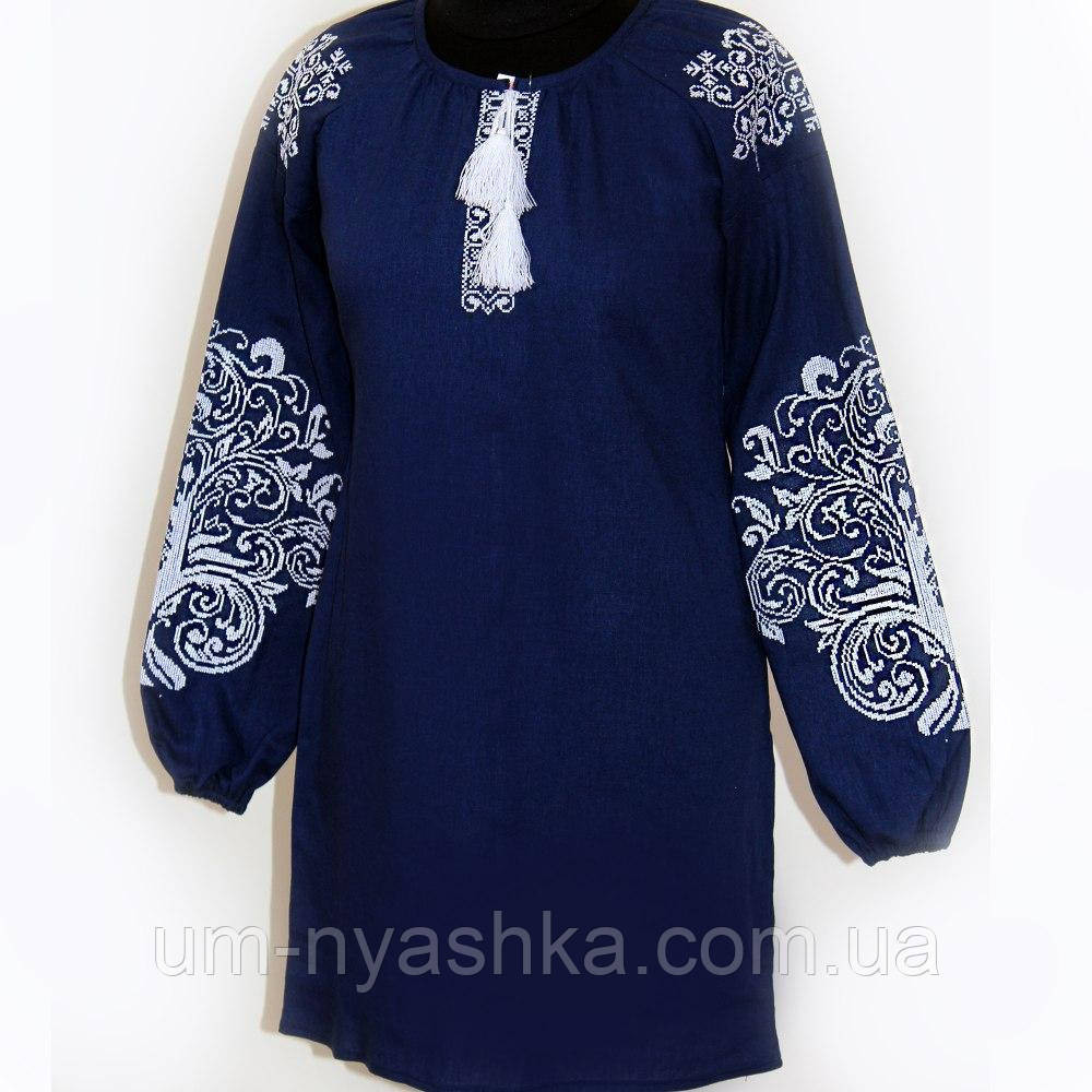 Натуральне лляне плаття вишиванка жіноча темно-синя блуза з вишивкою "Дерево життя" р.ХЛ-3ХЛ Кривий Ріг - фото 8