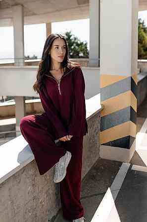 Женский повседневный оверсайз костюм двойка: кофта и штаны трикотаж пума рубчик Бордо Одесса