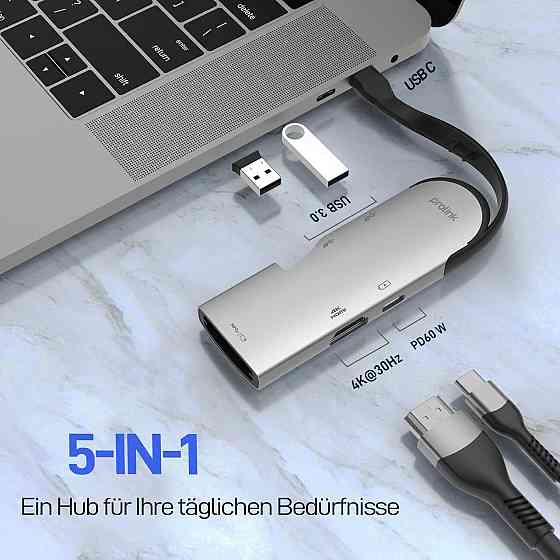 USB-хаб Prolink 5-в-1, адаптер USB-C – HDMI 4K, 2×USB 3.0, PD 60W, сумісний з MacBook, iPad, Surface Київ